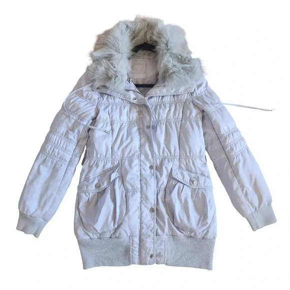 Naf Naf Silver Snap Front Zip Jacket Real Fur Detachable Packable Hood Small - Picture 1 of 12